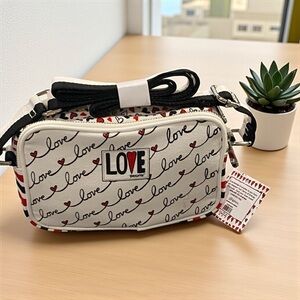 Brighton Love Scroll Canvas Camera Bag Crossbody in Red, Black & White. NWT